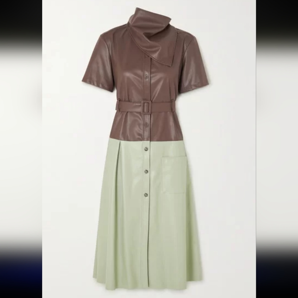 Andersson Bell Emma Belted Two-Tone Faux Leather Midi Dress Womens Size Small